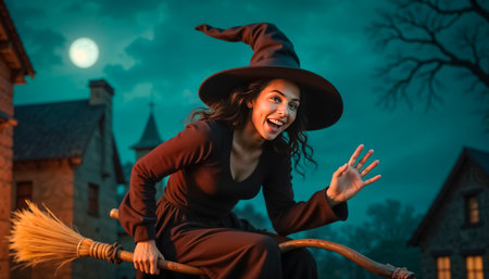 Beautiful young witch laughs sinisterly, witch flies on a broomstick on Halloweenの素材