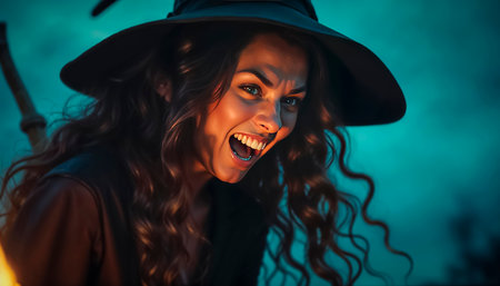 Beautiful young witch laughs sinisterly, witch flies on a broomstick on Halloweenの素材