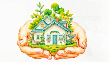 Eco-friendly modern house in female hands, concept of ecology and environmental protection.の素材