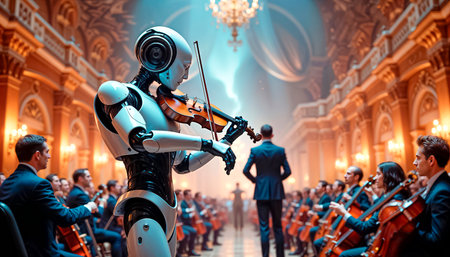 On stage, a futuristic robot plays the violin and performs a solo part in front of a symphony orchestra with a conductor in a richly decorated chamber hall.の素材