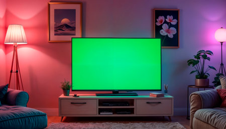 green screen tv on screen, modern bright and cozy room.の素材