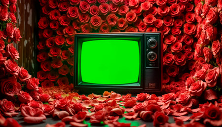 green screen tv on screen, modern bright and cozy room with juicy red roses.の素材
