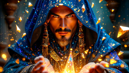 Mysterious sorcerer with piercing eyes predicts fortune and casts spells.の素材