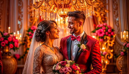 Loving and happy newlyweds on their wedding day, bright wedding decoration.の素材