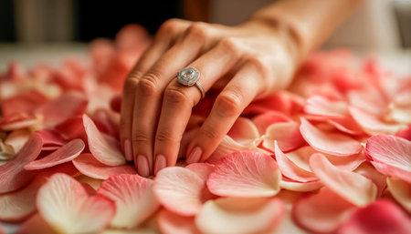 Beautiful and gentle hand of the bride with a wedding ring.の素材