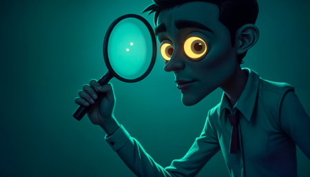 Professional brilliant detective examining evidence through magnifying glass.の素材