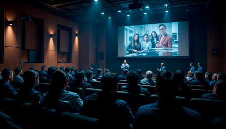 business training seminar education lecture staff meeting or workshop motion, abstract people group sitting in auditorium learning listening to presentation.の素材