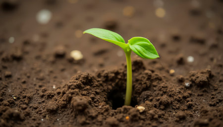 A fresh juicy sprout emerging from the soil, symbolizing growth and renewal, spring and new life.の素材