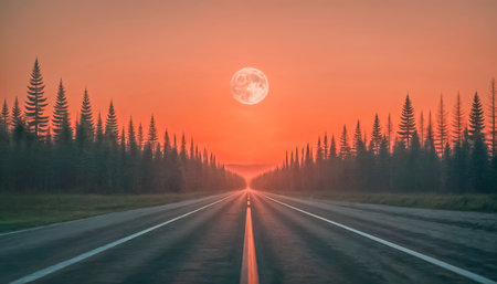 Silhouette of black road and black silhouettes of tall fir trees planted along the road, full moon on the horizon.の素材