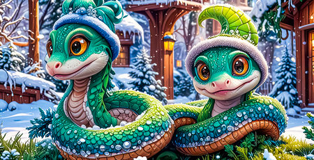 Portrait of a green snake in a Santa hat, Symbol of the year according to the Eastern calendar.の素材