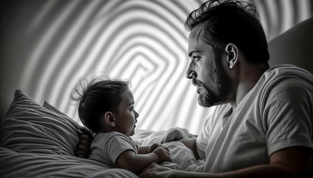 Father and child hugging in bed, spending time together in bedroom at night before sleep at home.の素材