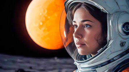 Beautiful astronaut woman exploring new planets, women in space.の素材