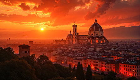 View from the window to the beautiful Florentine Cathedral of Santa Maria del Fiore. Florence, Italy.の素材