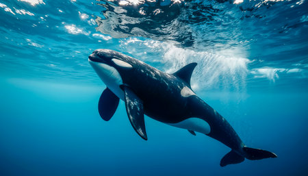 A majestic killer whale gracefully swims through the water, captured in slow motion.の素材