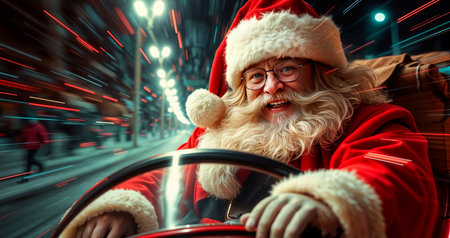 A cheerful Santa with a charming smile. Christmas Eve, magic and Santa's fun Christmas ride in the carの写真素材