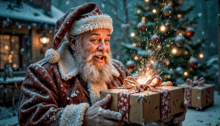 A cheerful and cunning Santa smiles charmingly and winks cheerfully, looking at the camera. Christmas Eve, magic and witchcraftの素材