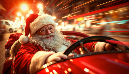 A cheerful and cunning Santa with a charming smile. Christmas Eve, magic and witchcraft. Santa's fun Christmas ride in the RED FAIRY TALE CARの写真素材