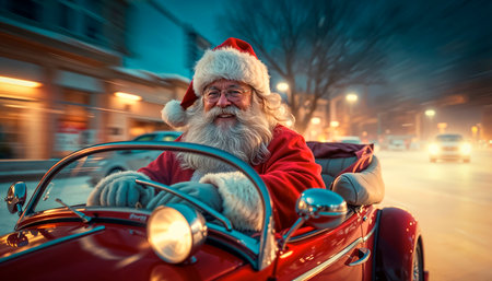 A cheerful and cunning Santa with a charming smile. Christmas Eve, magic and witchcraft. Santa's fun Christmas ride in the red carの写真素材