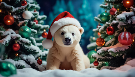 Lovely white teddy bear in a Christmas cap in a magical forest. Christmas background with Christmas balls and decorations. Fairytale atmosphere of New Year and Christmasの素材