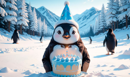 A cute penguin in a festive hat celebrates his birthday with an icy blue cake in a snowy wonderland. A magical, touching and festive scene, perfect for winter, wild and children's themes.の素材