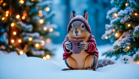 A cute squirrel in a funny knitted hat with a cup of aromatic drink in her paws. Christmas magical forest. Fairytale atmosphere of New Year and Christmasの素材