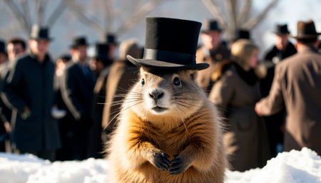 Groundhog Day is a holiday in the United States and Washington, DC, observed annually on February 2. Groundhog in a top hat.の素材