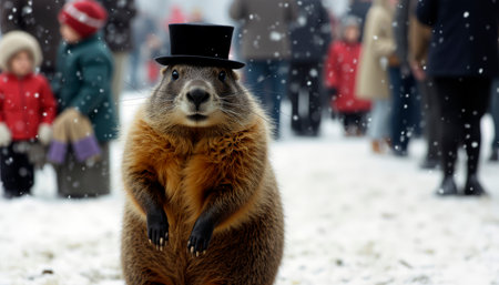 Groundhog Day is a holiday in the United States and Washington, DC, observed annually on February 2. Groundhog in a top hat.の素材