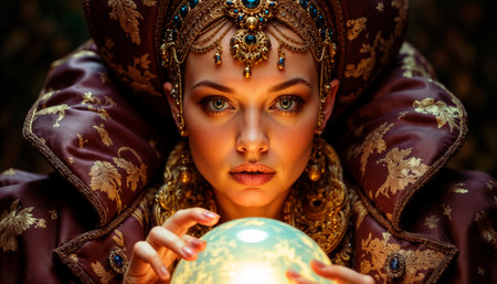A beautiful mysterious fortune teller with piercing eyes predicts fate on a magic ball.の素材