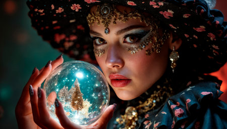 A beautiful mysterious fortune teller with piercing eyes predicts fate on a magic ball.の素材
