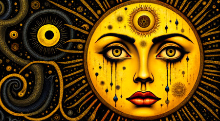 Ominous Crying Sun Over Earth as a Harbinger of Doom, Psychedelic, Premonition, Sun with a Tear.の素材