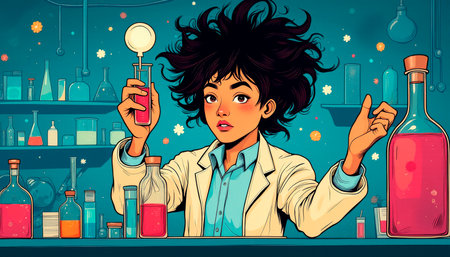 Talented girl scientist conducts an experiment for the sake of science. woman in a scientific laboratory.の素材