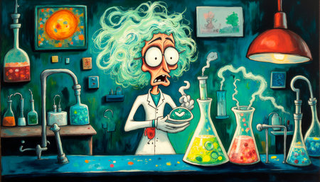 Mad scientist, professor doing experiment for science. character in science lab.の素材