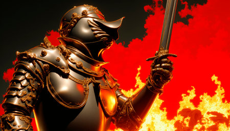 Great medieval knight in armor and with a sword in the fire of battle.の素材