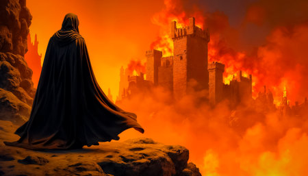 A wizard in a black robe looks at a burning castle, flames and smoke floating in the fire.の素材