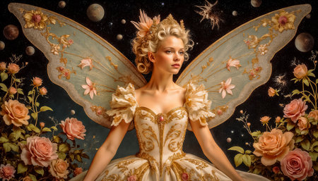 A mysterious little elf and bright exotic flowers. A magical fairy with shimmering wings, beauty, girl, woman, fantasy, fairytale dreamの素材