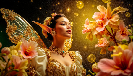 A mysterious little elf and bright exotic flowers. A magical fairy with shimmering wings, beauty, girl, woman, fantasy, fairytale dreamの素材