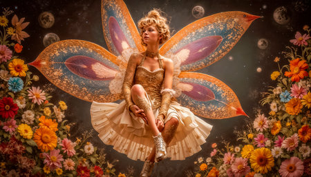 A mysterious little elf and bright exotic flowers. A magical fairy with shimmering wings, beauty, girl, woman, fantasy, fairytale dreamの素材