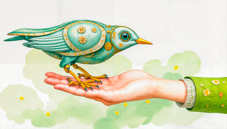 a robot bird on a girl's hand. ecology and environmental protection concept.の素材