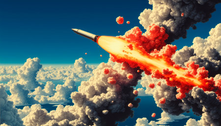 A missile with a nuclear warhead flies above the Earth, invincible force and danger.の素材