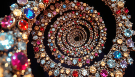 gorgeous complex spiral of diamonds and gemstones unwinding, top view.の素材
