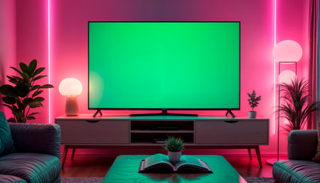 green screen tv on screen, modern bright and cozy room.の素材