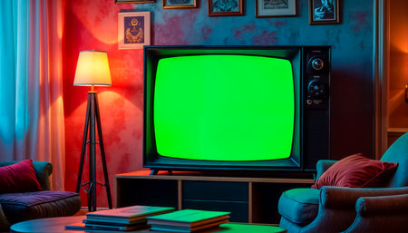 green screen tv on screen, modern bright and cozy room.の素材