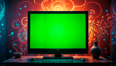 green screen tv on screen, modern bright and cozy room.の素材