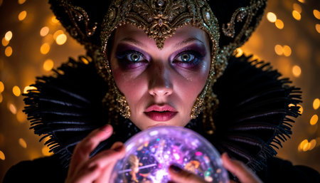 A beautiful mysterious fortune teller with piercing eyes predicts fate on a magic ball.の素材