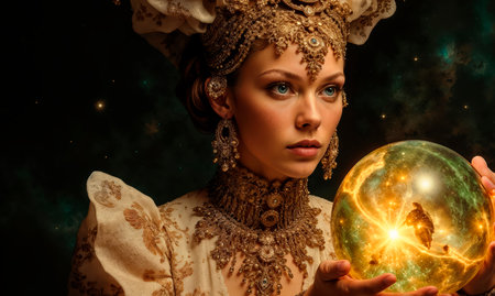A beautiful mysterious fortune teller with piercing eyes predicts fate on a magic ball.の素材