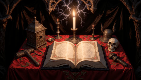 Magic book and tarot cards, fortune telling on Halloween night.の素材