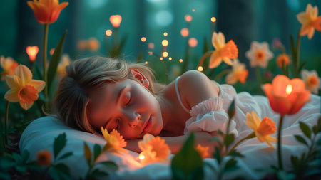 Young girl sleeping sweetly in a fairytale forest, dream, nature and innocence, beauty and tranquility.の素材