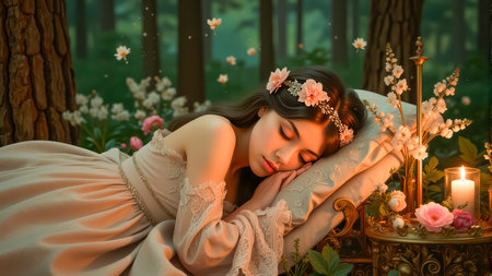 Young girl sleeping sweetly in a fairytale forest, dream, nature and innocence, beauty and tranquility.の素材