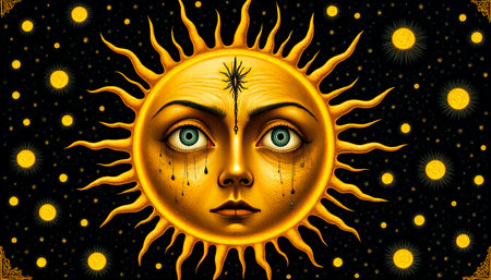 Ominous Crying Sun Over Earth as a Harbinger of Doom, Psychedelic, Premonition, Sun with a Tear.の素材