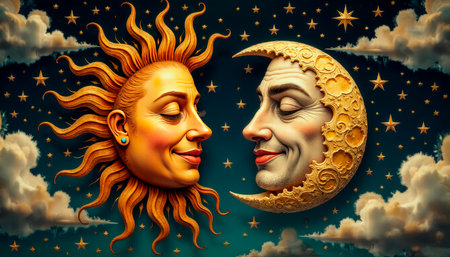 Colorful folklore sun and moon, mysteriously smiling and slowly circling around each other. Celestial scene, with sun and moon, joy and suffering, day and night.の素材